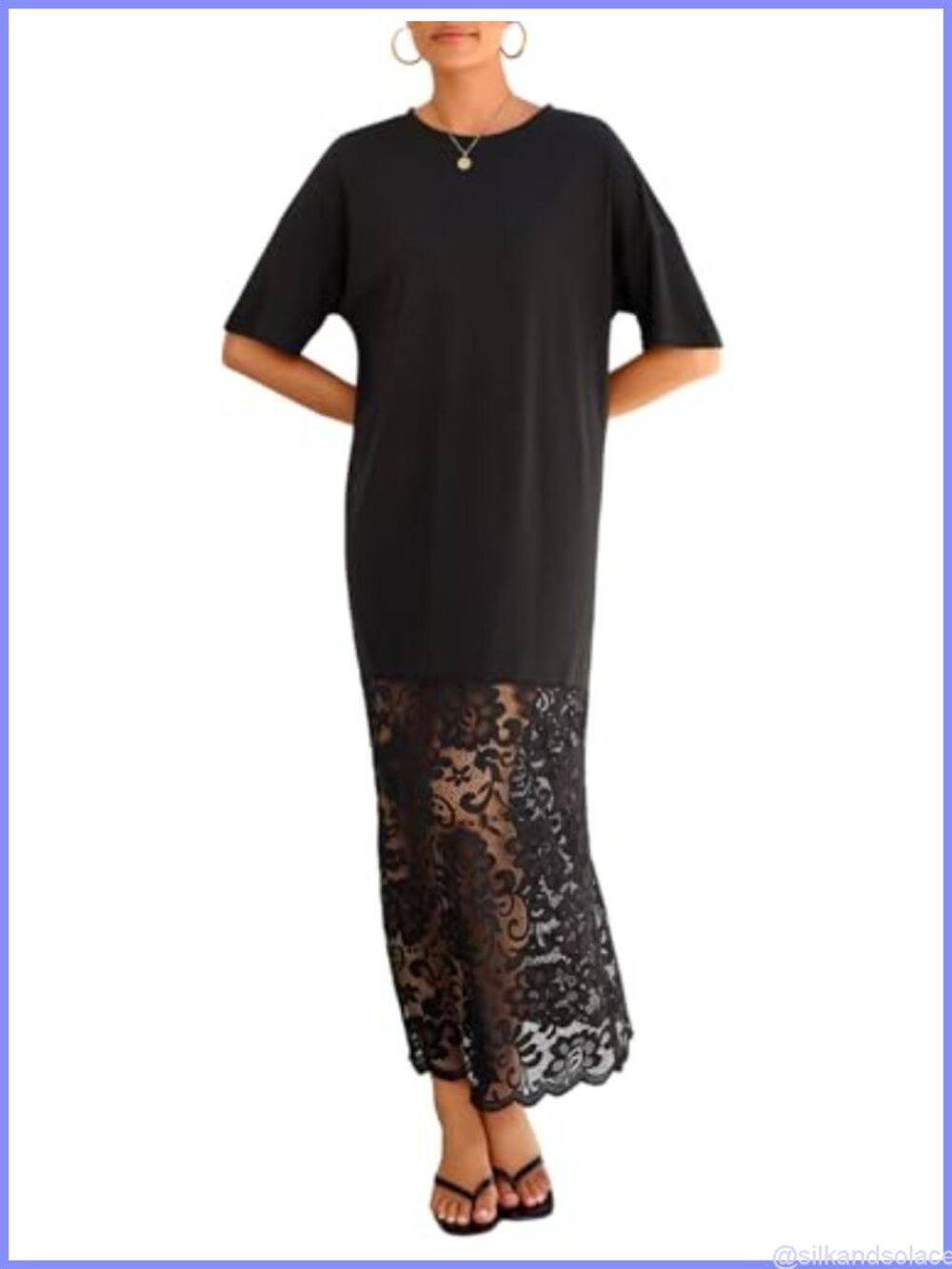 Women's Short Sleeve Lace Patchwork Crew Neck Maxi Dress